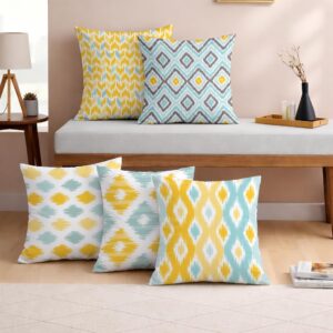STITCHNEST Set of 5 Jute Cushion Covers – 16x16 Inches – Yellow & Aqua Ikat-Inspired Geometric Print – Vibrant Cushion Covers for Sofa, Couch & Living Room | Perfect for Home Decor