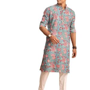 VASTRAMAY Men Aqua Kalamkari Printed Kurta Pant Set | Kantha Stitch Knee Length Kurta with Cotton Pant Style Pyjama | Ethnic Wear