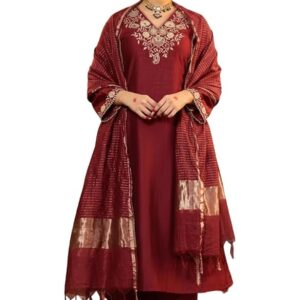 Klosia Women Embroidery Solid Straight Kurta and Pant Set with Dupatta