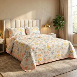 BSB HOME 100% Cotton Quilted/Ultrasonic 280 Tc Printed King Size Bed Cover/Bedsheet/Bedspread Comforter with 2 Pillow Shams/Cover, (Luxurious, 90 x100 inches, Floral White & Pink)